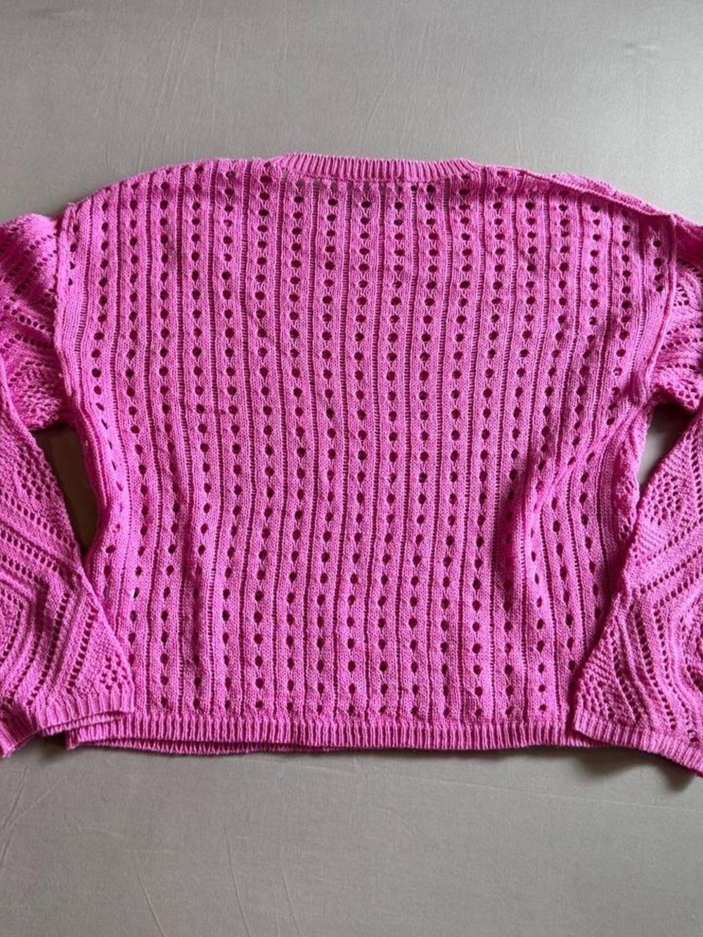 Hot Pink Crochet Open-Knit Diamond Crewneck Sweater - Picture 5 of 6
